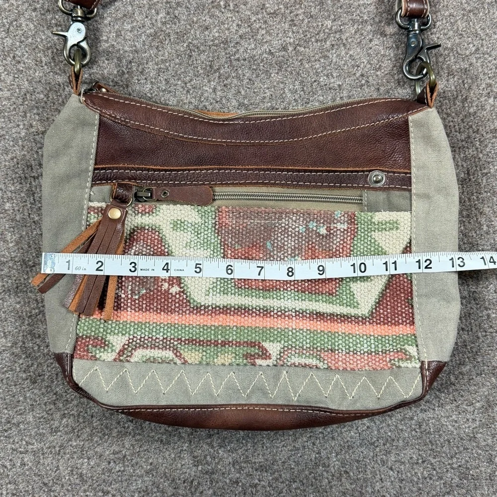 Aztec Green Canvas Brown Leather Trim Hobo Shoulder Crossbody Bag Fringe Tassle